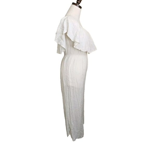 Audrey 3+1 Linen Blend Boho Wide Leg Off Shoulder Ruffle Ivory White Jumpsuit, S - Picture 3 of 15